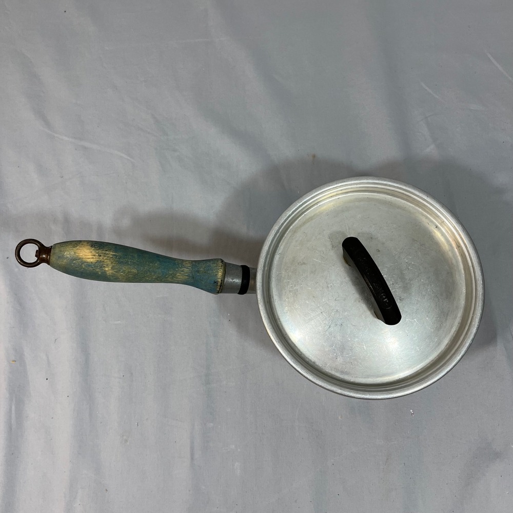 Vintage Wear-Ever Aluminum Saucepan No 2261 1/2 with Lid Blue Wood Handle USA